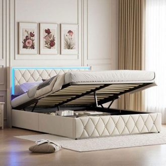 OEM Cama Lit 160x200 - Mecanismo Silencioso - Iluminaci&oacute;n Rgb - Respaldo Con Usb - Terciopelo Beige