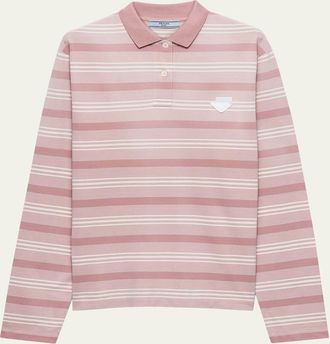 Prada Striped Pique Long-Sleeve Polo Shirt