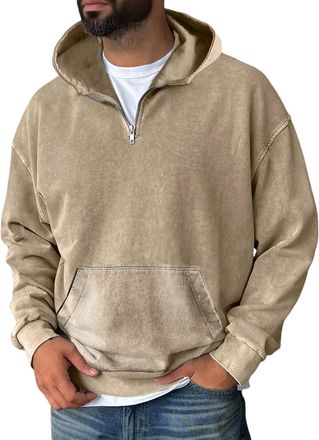 Generic Quarter Zip Pullover Sweatshirts for Men Acid Washed Hoodies Casual Long Sleeve Hoody Tops Fall Winter Distressed Hooded Sweatshirts Khaki