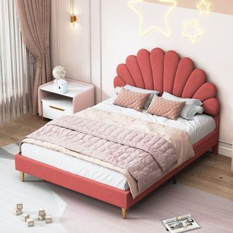 OEM Estructura De Cama 140x200 Cm Terciopelo Rojo - Cabecera P&eacute;talos, Somier De Lamas Incluido