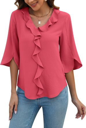 Blooming Jelly Womens Dressy Casual Blouses 3/4 Sleeve V Neck Ruffle Tops Business Ladies Summer Trendy Fashion Work Shirt, Watermelon, XL