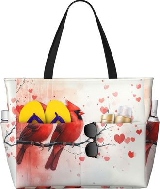 Generic Cardinal Birds Print Large Beach Bag Foldable Travel Shoulder Tote Bag With Pocket For Weekender Pool Vacation