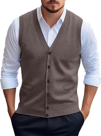 Generic MenS Sweater Vest, V Neck Knitted Vest Men Knitted Vest For Men Sleeveless Jumper Men V-Neck Sleeveless Cardigan Waistcoat Casual Business Knitted Tan