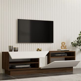 Dmora Soporte Tv Spilinga, 2 Estantes, 5 Compartimentos, 2 Puertas, 160x40x45h Cm Blanco