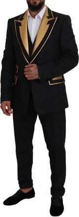 Dolce & Gabbana Mens Black Gold Fantasy Tuxedo Slim Fit Suit Acetate