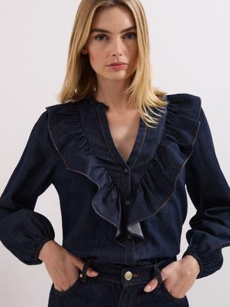 Phase Eight Alexia Denim Ruffle V-Neck Blouse in Mid Wash at Nordstrom, Size 10