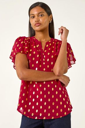 Roman Foil Spot Print V-Neck Top