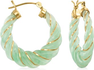 Ross-Simons Carved Green Jade Hoop Earrings With 14kt Yellow Gold