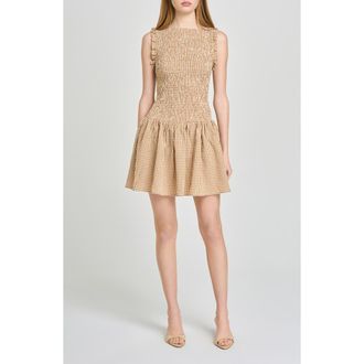 Wayf Esme Gingham Smocked Bodice Drop Waist Minidress in Tan at Nordstrom, Size X-Small