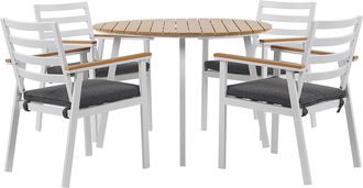 Beliani Conjunto De Jard&iacute;n 4 Plazas Mesa De Metal Aluminio Blanco Madera Clara Sillas Cojines De Asiento Gris Exterior Cavoli