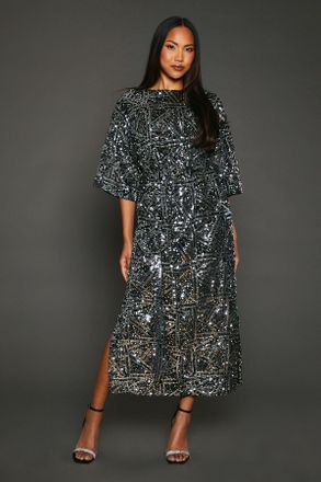 Principles Womens Sequin Detail Belted Batwing Midi Dress - Silver - Size 12 UK