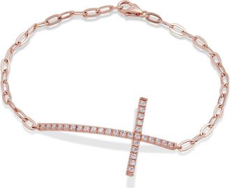 Savvy Cie Jewels RHODIUM PLATED OVER STERLING SILVER.925 WHITE CZ CROSS PAPERCLIP BRACELET