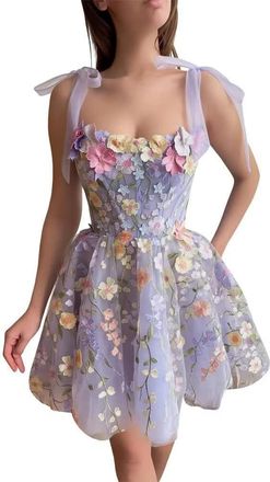 Generic Womens Puff Sleeve Prom Dress Lace Floral Embroidery Maxi Dress Long V Neck Slit Off Shoulder Tulle Ball Gowns Purple S