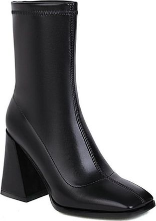 Generic Womens Square Toe Ankle Boots Chunky Block Heel Slip On Stretch Short Booties Fashion Winter Dress Biker Shoes (Black,7.5)