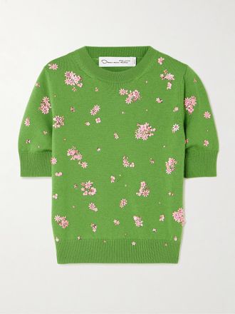 Oscar De La Renta Pullover In Lana Con Fiori, Paillettes E Cristalli - Verde