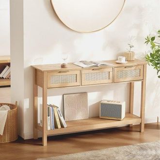 OEM Rattan-konsolentisch Mit 3 Schubladen, Rattan-eingangstisch Mit Nat&uuml;rlicher Rattan-schiebet&uuml;r, Konsolen-sofatisch F&uuml;r Wohnzimmer, Arbeitszimmer, Einga