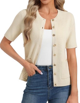 Grace Karin Womens Short Sleeves Solid Knit Cardigan Round Neck Button Tops with Pockets Apricot XL