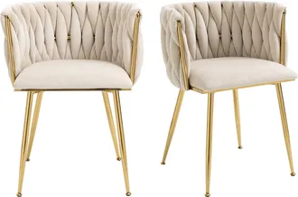 STILVORA Silla De Comedor Silla Tapizada Con Respaldo Trenzado Y Patas De Metal Para Comedor Tocador Terciopelo Marfil 55.5 X 41 X 74 Cm