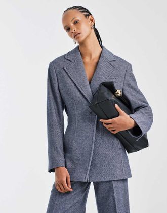 & Other Stories Blazer asimmetrico in misto lana color blu polvere stretto in vita-Blu navy