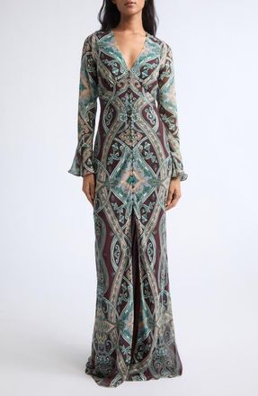Veronica Beard Daciana Long Sleeve Silk Dress in Raisin Multi at Nordstrom, Size 12