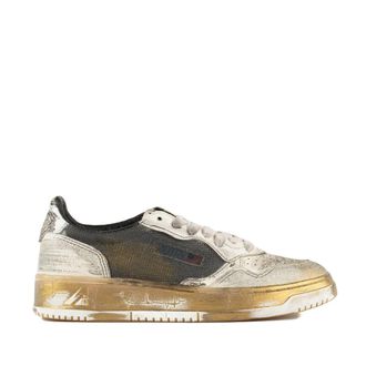 Autry Medalist Low Super Vintage Grey White And Gold Leather And Mesh Sneakers