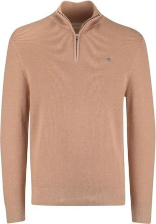 GANT Truien & Vesten, Heren, Beige, 3Xl, Katoen, Ribgebreide katoen-merinowollen sweater met halve rits