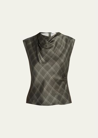 Vince Diamond Plaid Silk Cowl-Neck Top