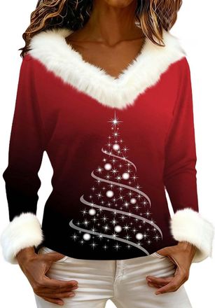 Generic Christmas Sweatshirts for Women Faux Fur Trim Plush V Neck Funny Xmas Tops Novelty Santa Claus Wine Glass Graphic Pullover Shirt (Z05-Xmas 05, M)