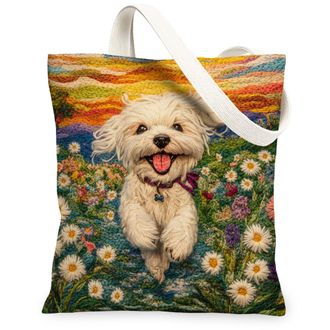 Generic Spring Samoyed Dog Canvas Tote Bag for Shopping 13x15, Knitting Style Garden Puppy Reusable Grocery Print Bag for Women, Fun Pet Beach Aesthetic Paint