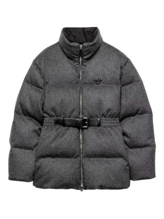 Prada Loden triangle-logo belted puffer jacket - women - Fabric/Fabric/Goose Down - 40 - Grey