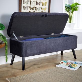 Home Source Industries Ottoman Box Velvet Fabric Hidden Storage Wooden Legs Home Living in Black