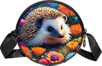 Generic Circle Crossbody Bag for Women, Color Drawing Hedgehog Small Sling Bag Daypack with Zipper Adjustable Shoulder Straps Casual Ladies Girls Round Purse