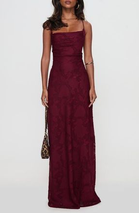 Princess Polly Celina Floral Jacquard Strappy Back Gown in Burgundy Burnout at Nordstrom, Size 10