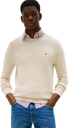 Tommy Hilfiger Mens Cotton Solid Crewneck Sweater Lightweight Pullover, Also Available in Big & Tall, Heathered Oatmilk, S