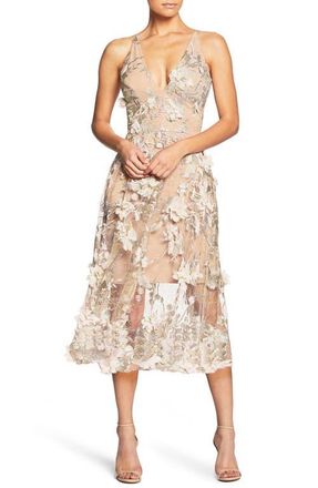 Dress The Population Audrey Embroidered Fit & Flare Dress in Cream at Nordstrom, Size Large