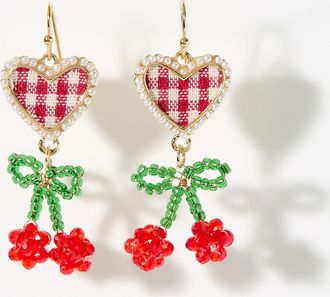 Simons Womens Gingham heart and cherry earrings