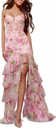 Jovani Floral Embroidered Gown With Sheer Corset Bodice In Pink