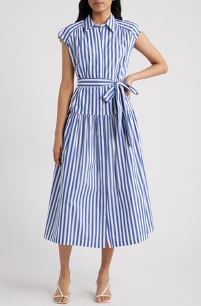 Julia Jordan Tie Waist Cap Sleeve Midi Dress in Blue Multi at Nordstrom, Size X-Small