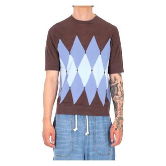 Ballantyne T-shirt met ronde hals in linnen-katoen met diamond argyle patroon - Heren - T-shirts - Bruin - M - Katoen - Tops