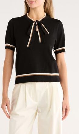 Adrianna Papell Double Tipped Tie Neck Sweater in Black/Ivory/Camel at Nordstrom Rack, Size X-Small