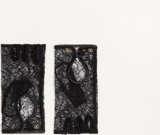 Valentino Garavani Guanti Biker VLogo Signature In Pizzo E Pelle Donna NERO/ORO 6