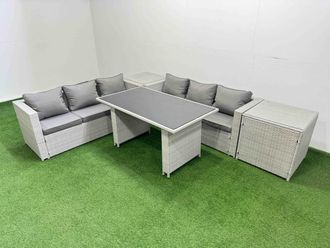 Fimous 6-seater Patio Rectangular Table Sofa Set with 2 Side Tables in Light Grey