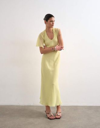 Topshop Vestito lungo asimmetrico con maniche con volant e cuciture a vista color limone-Giallo