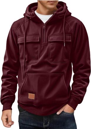 Generic Mens Corduroy Half-Zip Hoodie with Pockets, Long Sleeve Casual Jacket Wine
