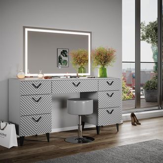 Vicco Tocador Anett, Gris, 150 Cm Con Espejo Led Y Taburete Vicco