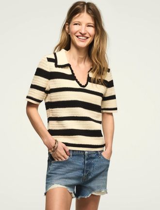 Lucky Brand Womens Crochet Striped Polo Sweater