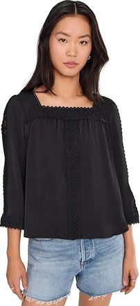 Vince Camuto Square Neck Lace Yoke Blouse Womens Clothing Rich Black : XL, Polyester