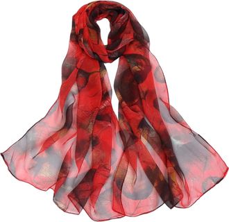 Generic Scarfs for Women Chiffon Scarf Lightweight Plum Blossom Leaf Pattern for Beach Daily Party Banquet (Leaf Red)