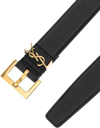 Saint Laurent Mens Leather Belt, Black With Gold Buckle Calf
