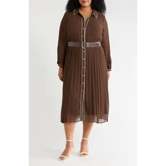 Vince Camuto Piping Pliss&eacute; Button-Up Midi Shirtdress in Rich Chocolate at Nordstrom, Size 3X